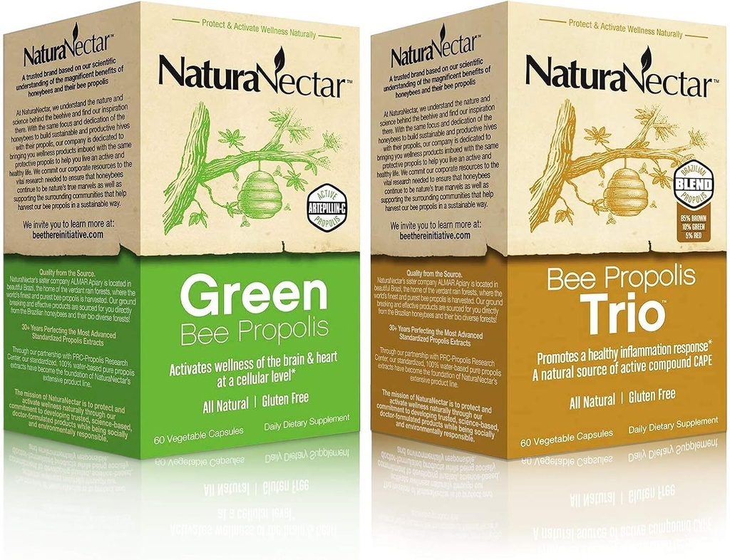 NaturaNectar Natural Bee Propolis Bundle - Trio og Green Propolis - for immun-, hukommelses- og fokus support * - 60 kapsler per flaske