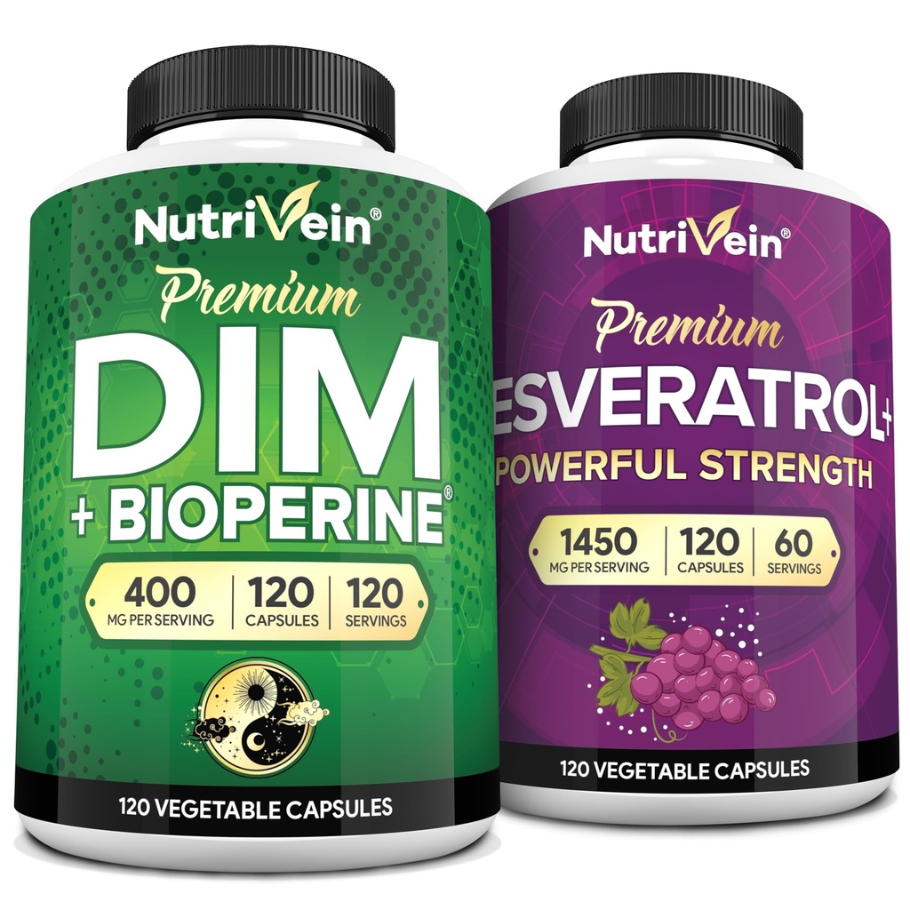 Nutrivein Premium Resveratrol kapsler og DIM supplement Bundle: High- Absorption Resveratrol supplement og DIM til inddrivelse, balance og vitalitet