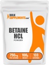 BulkSupplements.com Betaine HCl Powder - Betaine Hydrochloride Supplement, Digestive Support - Gluten Free, 750mg per Serving, 100g (3.5 oz) (Pack of 1)