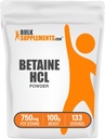 BulkSupplements.com Betaine HCl Powder - Betaine Hydrochloride Supplement, fordøjelsesstøtte - Gluten Free, 750mg per servering, 100g (3,5 oz) (pakning med 1)