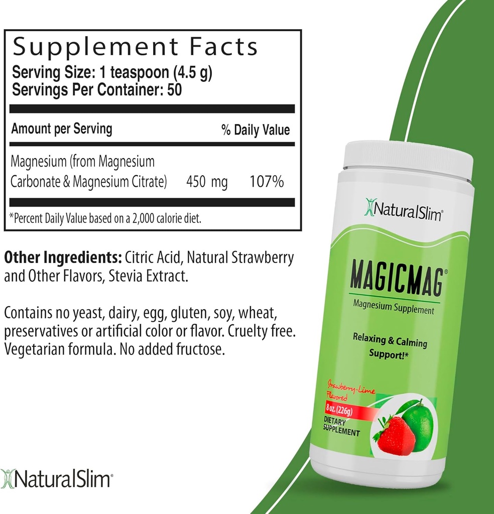 NaturalSlim Magicmag Pure Magnesium Citrate Powder - Stress, Obstipation, Muscle, og Heart Support Medical Strawberry & Lime Flavored Magnesium Supplement - 8oz Drink Mix (3 Pack)