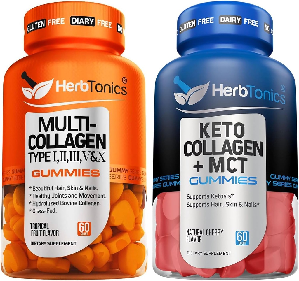 Herbtonics Multi Collagen Gummies Type 1,2,3,5 & 10 med biotin til hårvækst, hud, negle Keto Gummies med MCT + Collagen Gummies 124; Sukker fri
