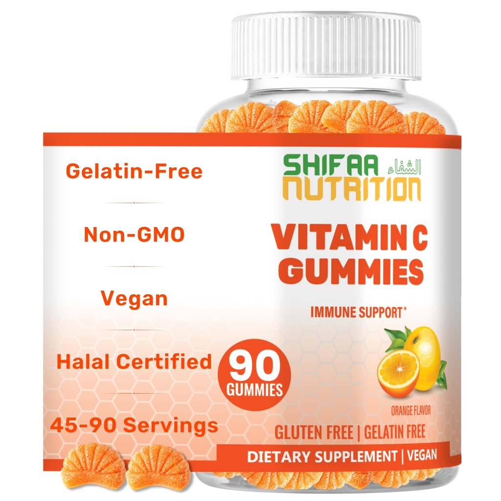 SHIFAA NUTRITION Vegan Vitamin C Gummies ttesmå 124; 90 Gummies, 250mg 45 Servings ekskl. GMO 124; Gluten- fri Gelatinfri Gummies & Seasonal Support til børn & voksne Halalvitaminer