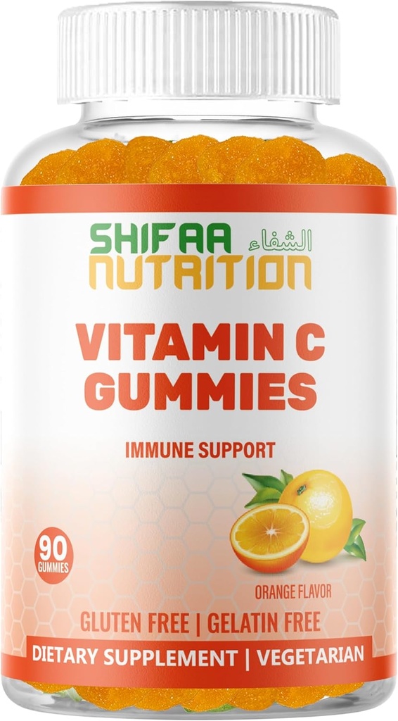 SHIFAA NUTRITION Vegan Vitamin C Gummies ttesmå 124; 90 Gummies, 250mg 45 Servings ekskl. GMO 124; Gluten- fri Gelatinfri Gummies & Seasonal Support til børn & voksne Halalvitaminer