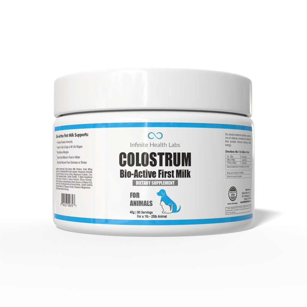 Bio- Active Bovine Colostrum til hunde, katte, hvalpe, killinger og kæledyr - Daglig Colostrum pulver supplement 40g (80 Servere)