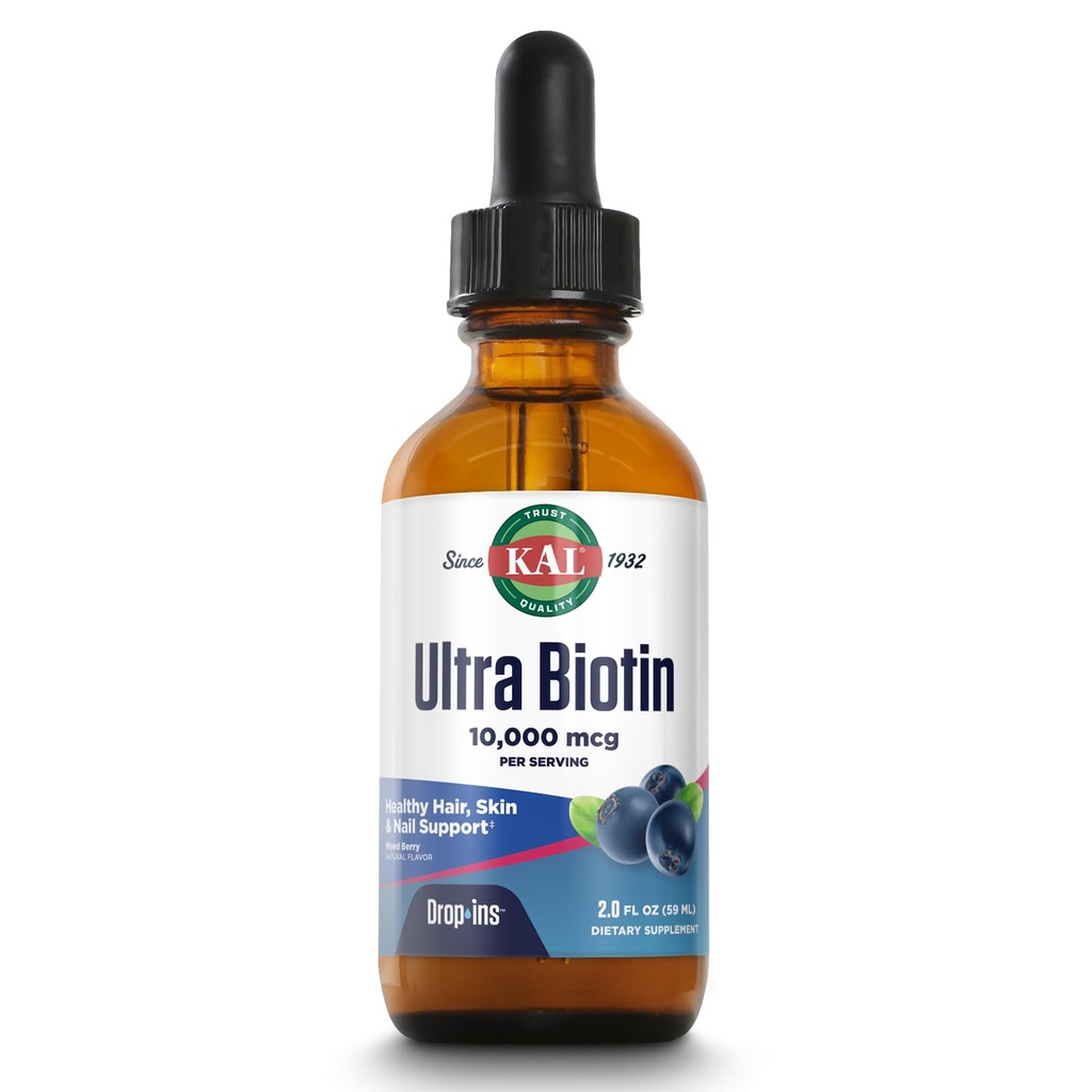 KAL Ultra Biotin 10000mcg DropIns, flydende biotin dråber, hårvækst supplement, høj potens vitamin B7, sundt hår, hud, negle og energistøtte, naturlige blandet berry flavor, ca. 59 Serv, 2oz