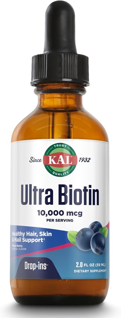 KAL Ultra Biotin 10000mcg DropIns, flydende biotin dråber, hårvækst supplement, høj potens vitamin B7, sundt hår, hud, negle og energistøtte, naturlige blandet berry flavor, ca. 59 Serv, 2oz