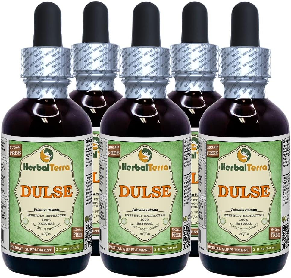 Dulse (Palmaria Palmata) Glycerit, Økologisk Tørrede blade Alkohol- Free Liquid Extract (Brand Name: HerbalTerra, Stolt Made in USA) 5x2 fl.oz (5x60 ml)