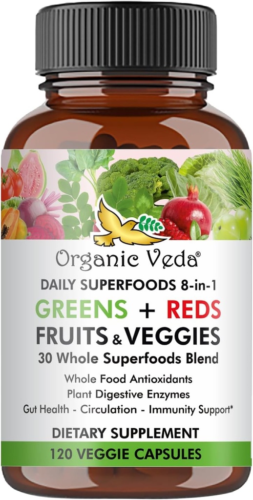Organic Veda Super Green Reds Veggies Capsules - 8 i 1 Daily 30 Hele Organic Superfoods Frugt & Grøntsager Supplement - Papaya Enzymes, Spirulina, Chlorella, Moringa, Beet, Gurkemeje - 120 Vegan