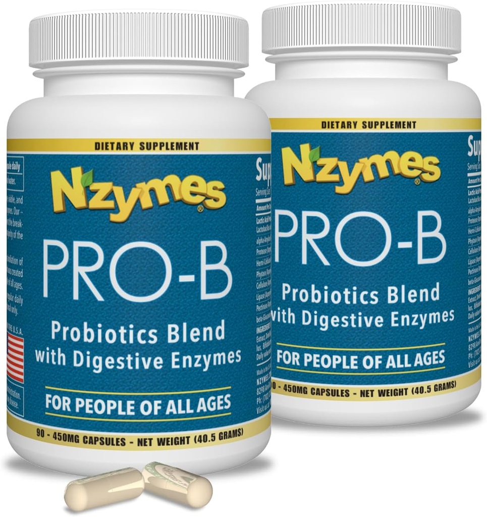 Nzymes ® Pro- B Probiotika og fordøjelsesenzymer til fordøjelsesbalance, bedre fordøjelse, fordøjelse og obstipation (180 Total Caplets) - Made in USA