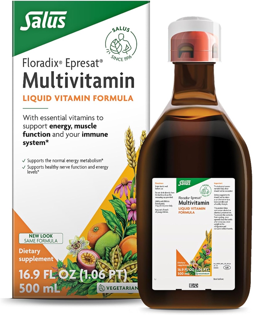 Floradix Epressat Voksen Væske Multivitamin - Urtetilskud - Dagligt tillæg med vitamin A, D, B6, Mælk tidsel & mere - Understøtter energi & leversundhed - Vegetarisk, Non- GMO - 16,9 fl oz