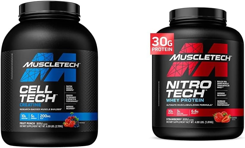 MuscleTech Cell- Tech Creatin Powder & Nitro- Tech Whey Protein Powder Bundle Buddy 124; Muscle Builder & Recovery Formel 124; 6 lbs Creatin & 4 lbs Whey Buddy 124; Strawberry Flavor