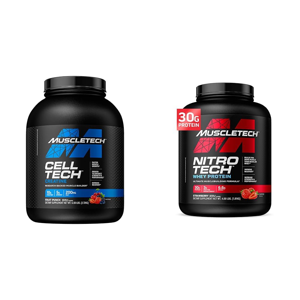MuscleTech Cell- Tech Creatin Powder & Nitro- Tech Whey Protein Powder Bundle Buddy 124; Muscle Builder & Recovery Formel 124; 6 lbs Creatin & 4 lbs Whey Buddy 124; Strawberry Flavor