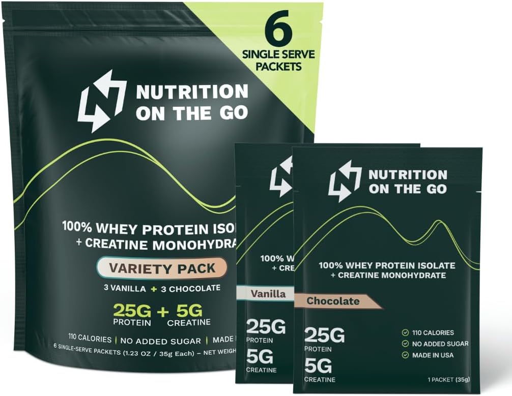 Nutrition On Go Whey Protein Isolere pakker med Creatin - 25g Protein + 5g Creatin - Single-Serve Travel Protein Powder - Variety Pack (Vanilla & Chocolate) (6 - Pack)