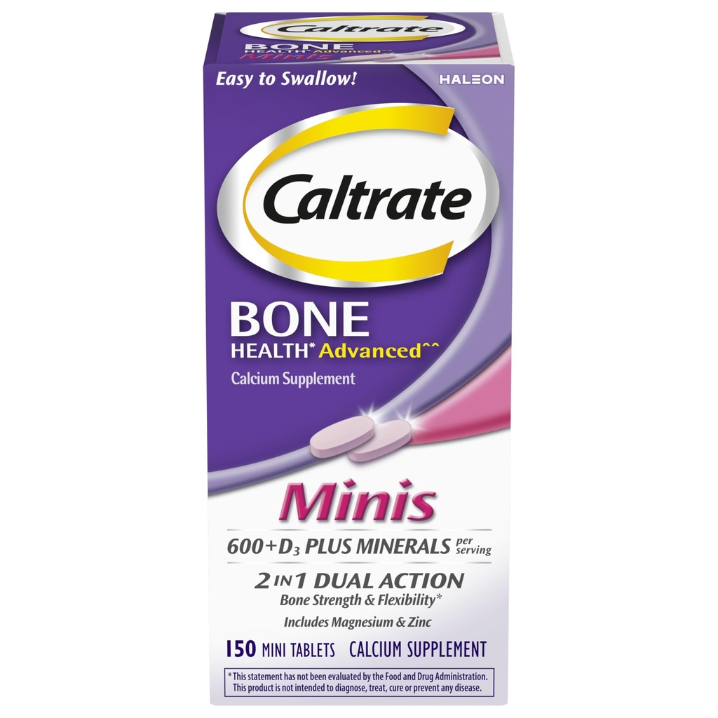 Caltrat Minis 600 Plus D3 Plus mineral Calcium og D-vitamin tilskud tabletter, ben sundhed og mineraltilskud for voksne - 150 Tæl