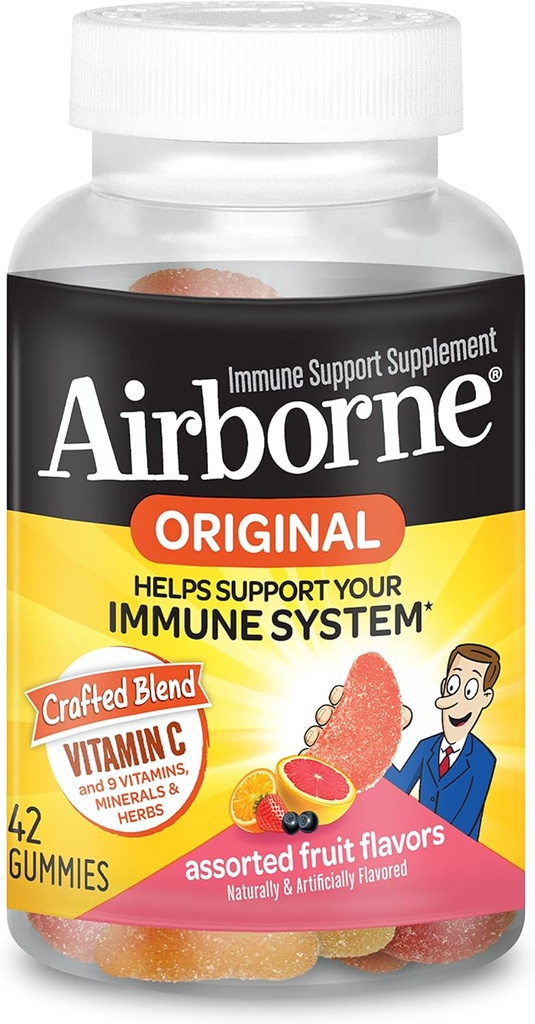 Airborne C-vitamin 750mg (per servering) Assorted Fruit Flavored Gummies (42 Tæl i en flaske), Glutenfri immunforsvar supplement med vitaminer A C E, Selen, Echinacea & Ingefær