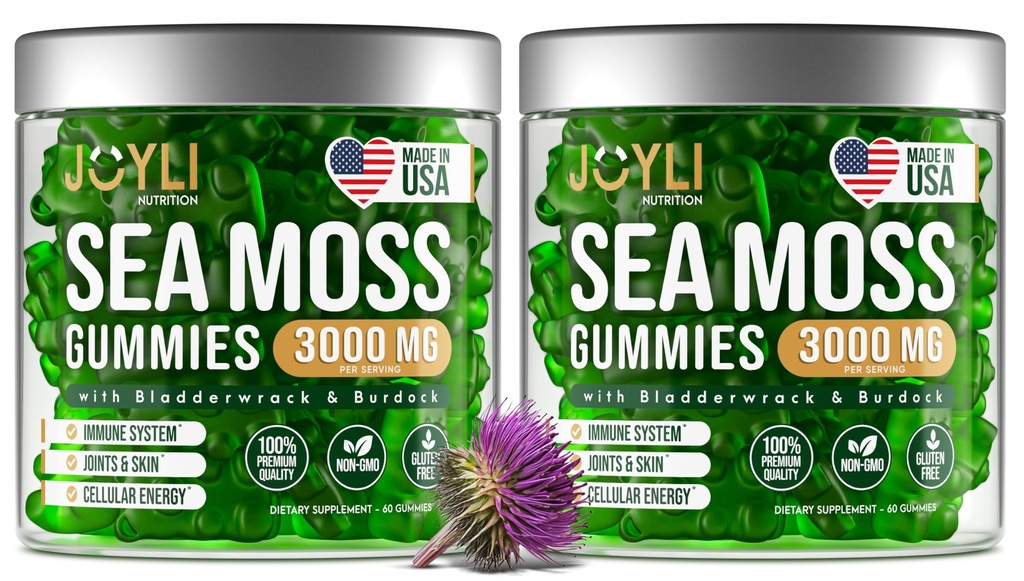 JOYLI Nutrition 2 Pack - Sea Moss Gummies for voksne & Kids - Vegansk Irish Sea Moss Supplement med Bladerwrack & Burdock Root - Sugar- Gratis immunforsvar Support Kosttilskud - 60 Gummy Bears per pakke
