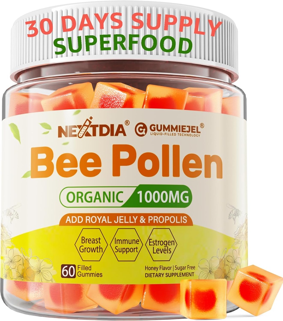 Bee Pollen Organic 1000mg, w / Propolis, Royal Jelly, Sugar Free Bee Pollen Gummies Rich in B- Vitamin, Antioxidanter, Aminosyrer, Bee Pollen Supplement for energi, hud og immunforsvar (1 pakke)