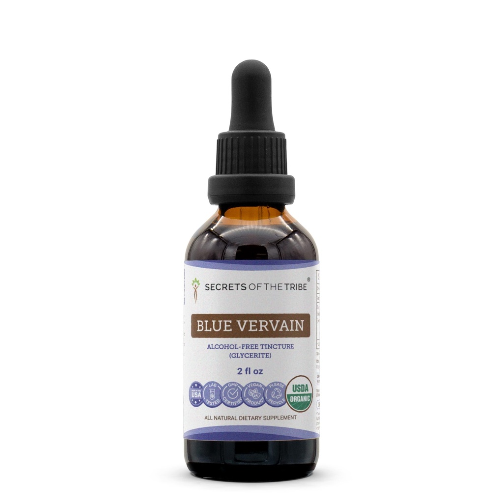 Secrets of the Tribe Blue Vervain USDA Organic Mezzogiorno 124; Alkohol- Free Extract, High- Potency Herbal Drops Mezzogiorno 124; Lavet af 100% Certified Organic Blue Vervain (Verbena Hastata) Tørret Herb (2 oz)