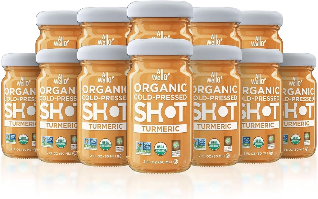 ALLWELLO Cold- Pressed Gurkemeje Shot, 60 mL, USDA Organic Immunbooster med Natu- RAL (12 PK, Gurkemeje)