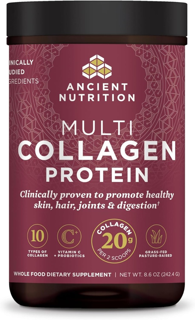 Ancient Nutrition Hydrolyzed Collagen Peptider Powder, Unflavored Multi Collagen Powder Pakninger til kvinder og mænd med C-vitamin, 24 Servering, understøtter hud og negle, Gut sundhed