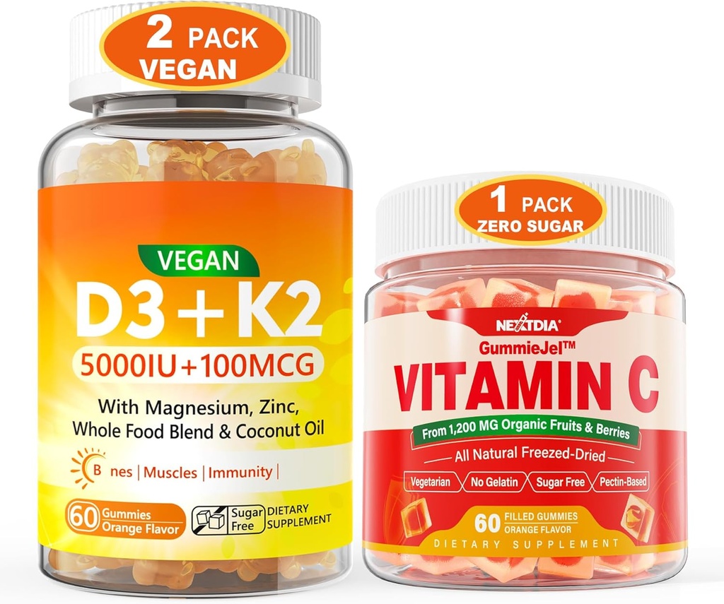2 Pack Vegan Vitamin D3 5000IE K2 Gummies + 1 Pack hel fødevare C Gummies
