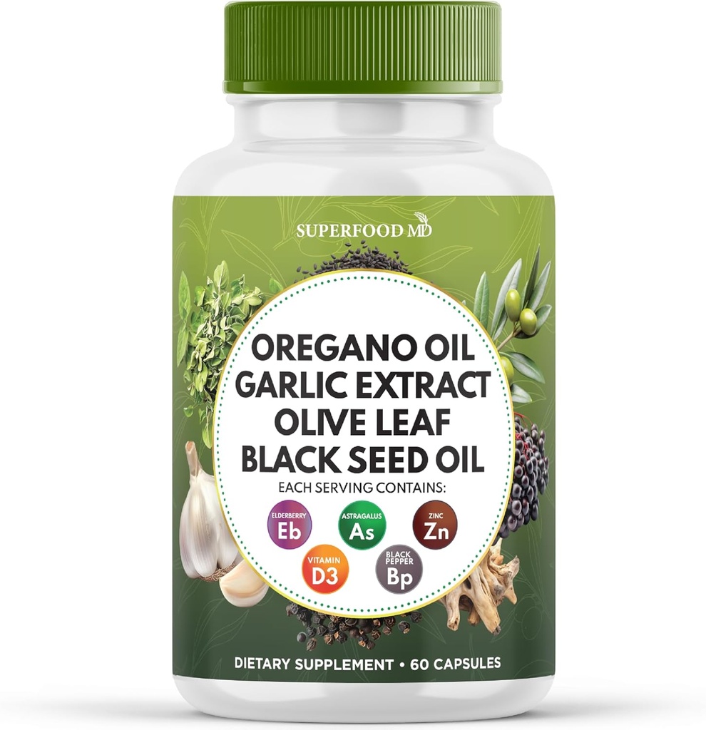 Superfood MD Oregano Oil Hvidløg Uddrag Olive Leaf Black Seed Oil Astragalus- for kvinder og men- 60 Greve