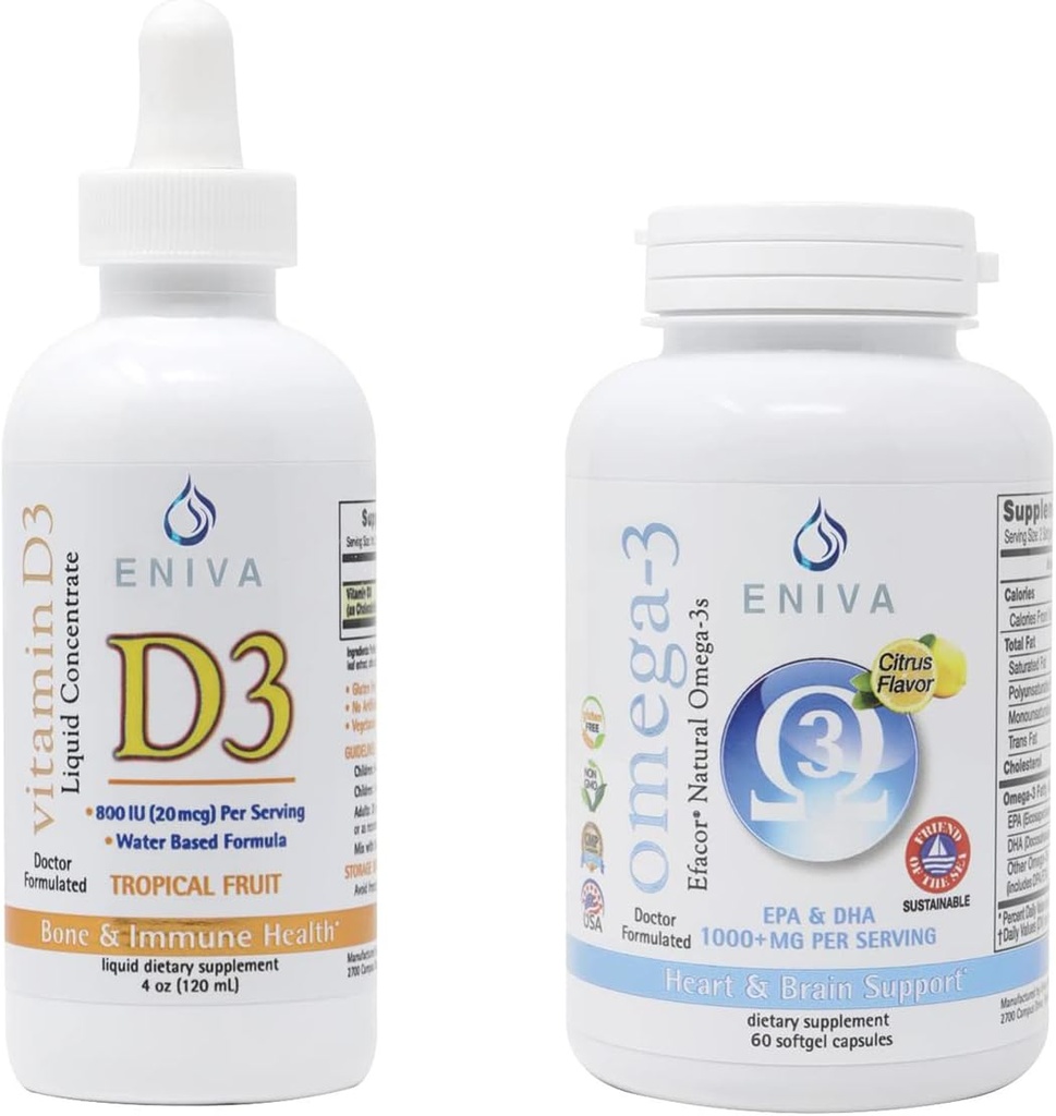 Eniva Omega 3 Premium Fish Oil High EPA / DHA og flydende vitamin D3 (120 mL) Læge Formuleret til hurtig absorption