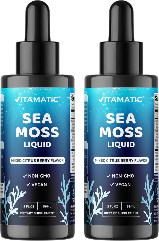 Vitamatic 2 Packs Liquid Organic Irish Sea Moss - Lavet med Bladerwrack & Burdock Root - 2800 mg per servering - 2 FL OZ - Seamoss Total 4 oz