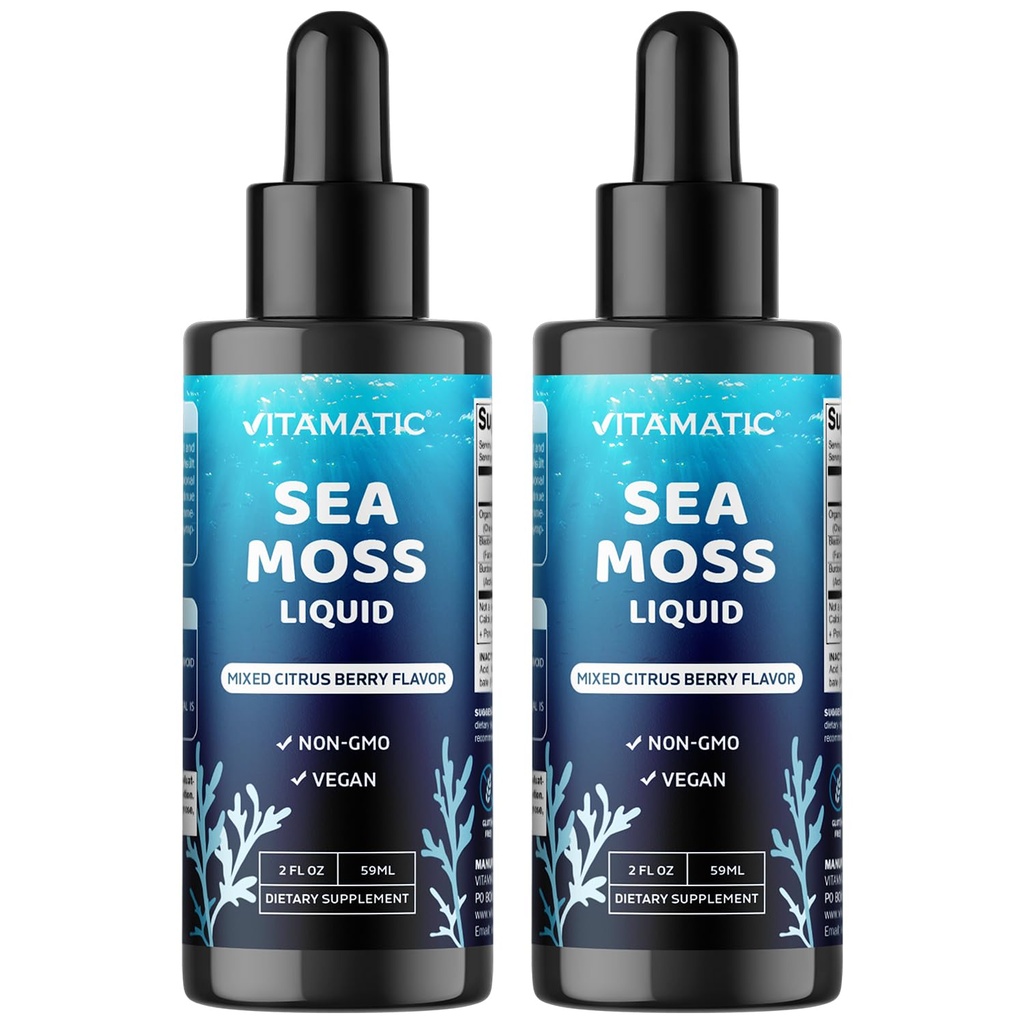 Vitamatic 2 Packs Liquid Organic Irish Sea Moss - Made with Bladderwrack & Burdock Root - 2800 mg per Serving - 2 FL OZ - Seamoss Total 4 oz