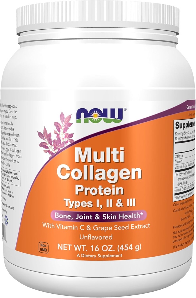 Now Foods Supplements, Multi Collagen Protein Type I, II & III Powder, Bone, Joint, og Hud Sundhed, 16 oz (454 g)