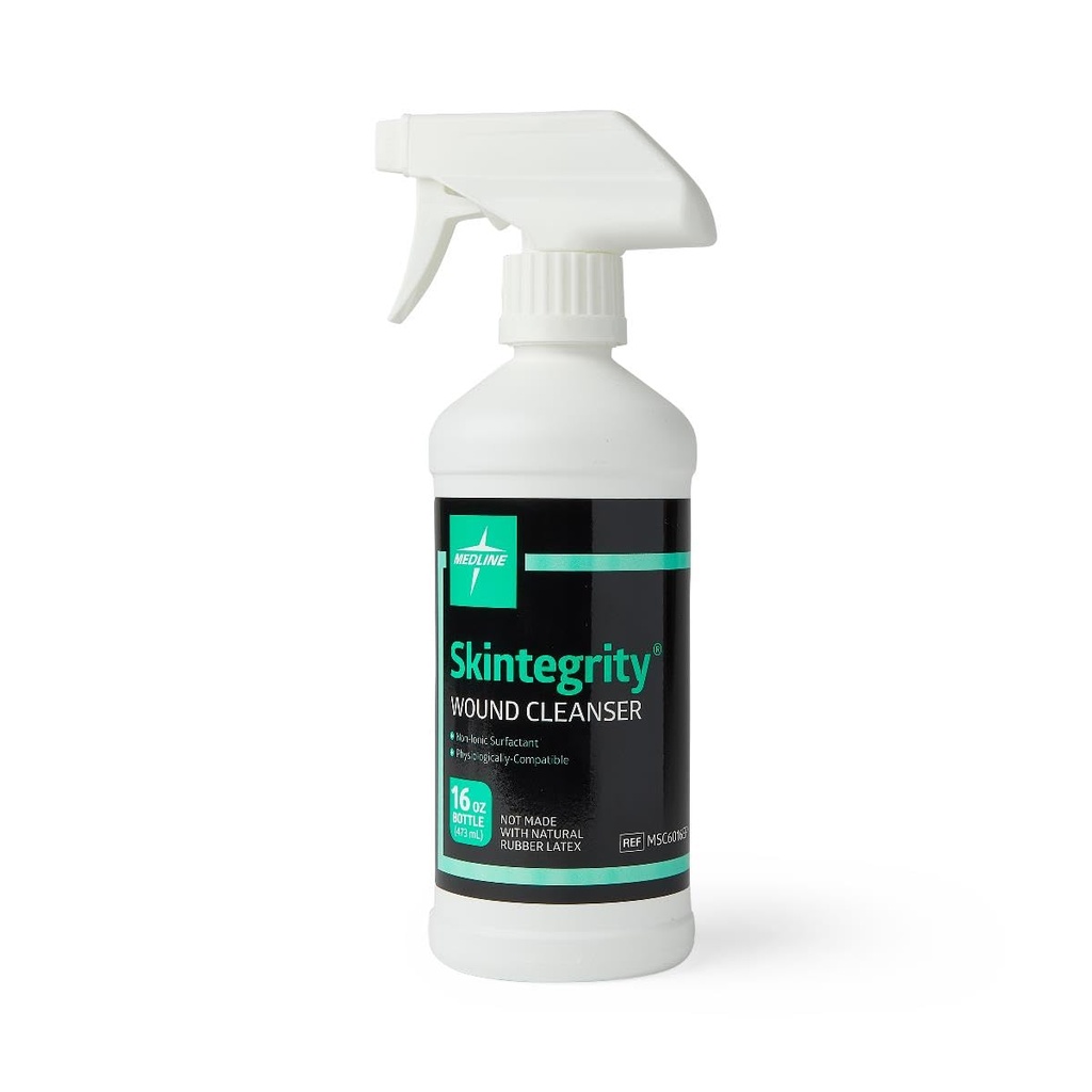 Medline Skintegrity Wound Cleanser (pack of 1), 16 ounce Spray Bottle, for wound cleaning, debridement, removing protein, pressure injuries, infected wounds, spray can be adjusted from mist to stream
