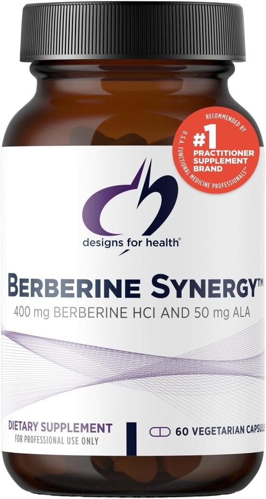 Design for sundhed Berberine Synergy - Berberine HCL 400mg + Alpha Lipoic Acid (ALA) for Metabolisme, Heart Health + Leverstøtte - Vegan, Non- GMO Berberine Supplement (60 kapsler)