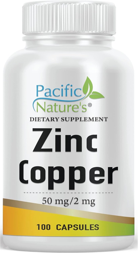 Zinkkobber supplement (100 kapsler) med 50 mg zinkgluconat, 2 mg kobbersulfat til immunstøtte - Gluten fri, ikke-GMO
