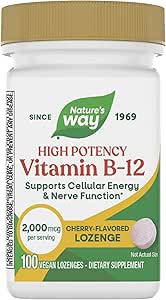 Nature’s Way Vitamin B-12 Lozenges, 2,000 mcg Vitamin B12 per Lozenge, Supports Cellular Energy & Nerve Function*, No Gluten, Vegan, Cherry Flavored, 100 Count (Packaging May Vary)