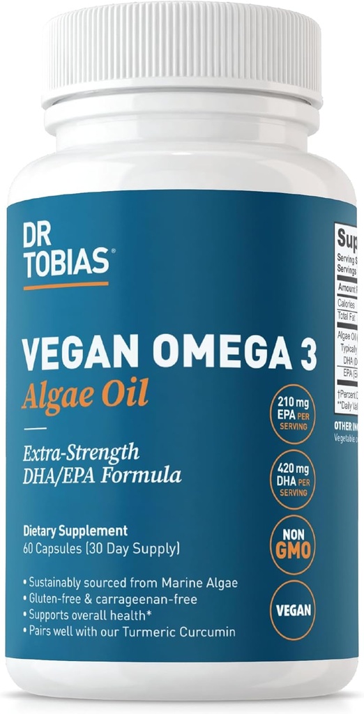Dr. Tobias Vegan Omega 3 Supplement, 1400mg Algae Oil, 420mg DHA, og 210mg EPA per Servering, Non- GMO, Gluten- Free, Carrageenan- Free, 60 Kapsler, 30 Servere