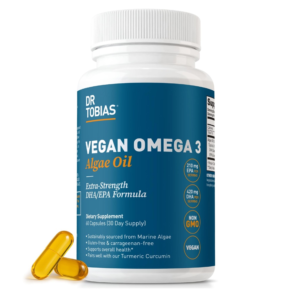 Dr. Tobias Vegan Omega 3 Supplement, 1400mg Algae Oil, 420mg DHA, og 210mg EPA per Servering, Non- GMO, Gluten- Free, Carrageenan- Free, 60 Kapsler, 30 Servere