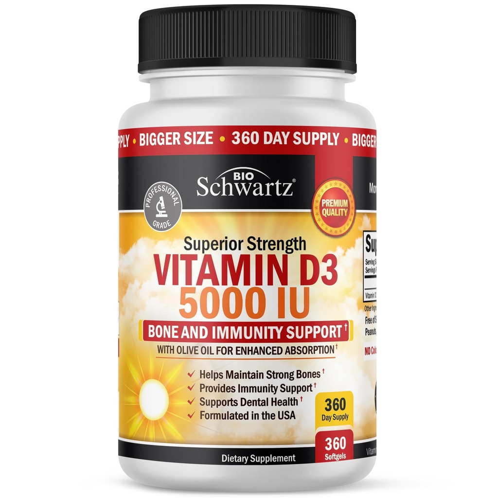 D3- vitamin 5000 IE (125 mcg) Naturlig immunsupporttilskud, Knoglestyrke, sund muskelfunktion, med Olivenolie til højeste absorption, Gluten Free & Non- GMO, 1 års forsyning, 360 Softgels