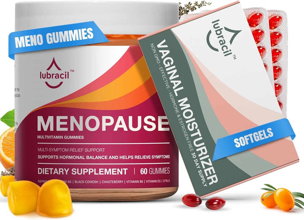 Lubracil Menopause Gummies & Daily Moisturizer Bundle - Hormone- Gratis støtte til Hot Flashs, Night Sweats, Vaginal Tørhed, og Itchiness med Black Cohosh, Ashwagandha, Omega Oliils & Sea Buckthorn