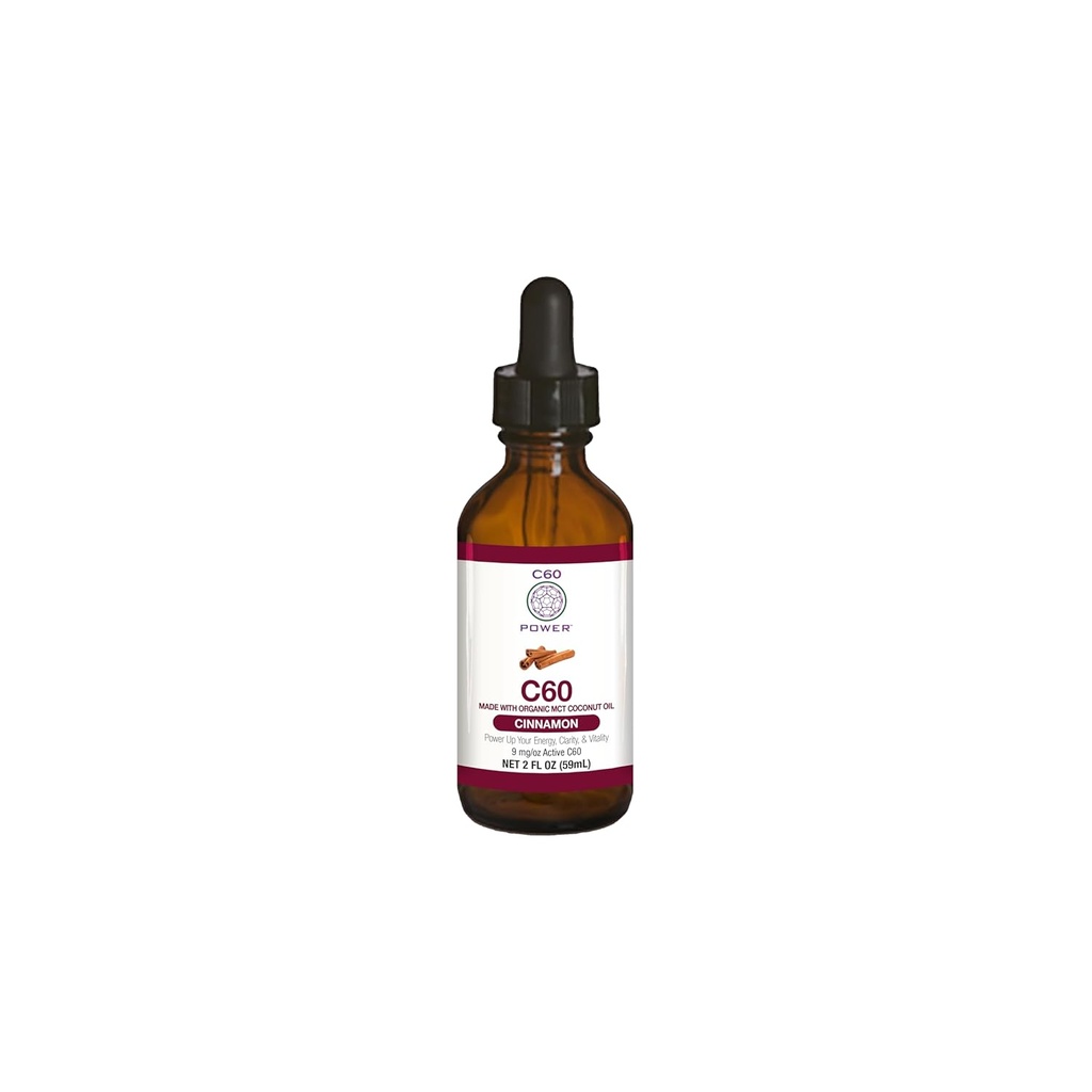 C60 Power Cinnamon Flavored C60 i Organic MCT Coconut Oil - Natural Wellness Support for Mænd & Kvinder, 99,99% Pure Sublimated C60, Promoes Energy, Mental Clarity, & Stamina - 2 fl oz Flaske