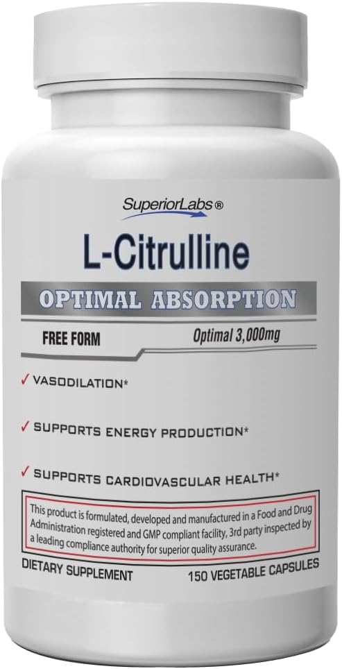 Superior Labs L- Citrullin 3000 mg, non- GMO, høj- potens Free- form Aminosyre, nitrogenoxid & vasodilation Booster, præ - workout muskelpumpe, Endurance, cardiovaskulær support, 150 Veg Caps