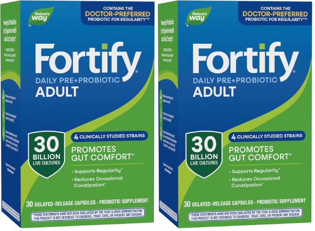 Nature 's Way Fortify Daily Pre + Probiotic Voksen 30 milliarder, Probiotika til immun- og fordøjelsessygdomme støtte *, 30 milliarder levende kulturer, 30 kapsler (pakke med 2)