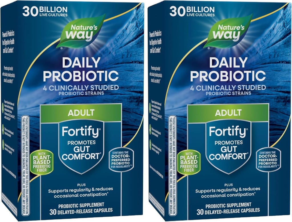 Nature 's Way Fortify Daily Probiotic + Prebiotic for mænd og kvinder, 30 Millioner levende kulturer, fordøjelses- og immunsygestøtte * Supplement, 30 kapsler (pakke med 2)