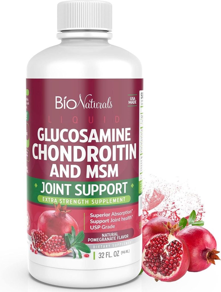 Bio Naturals Liquid Glucosamine Chondroitin MSM Pharmaceutical Grade Supplement with Hyaluronic Acid – Maximum Strength Joint Support - 32 fl oz