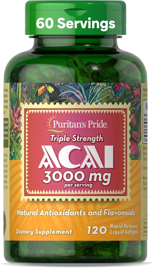 Puritan 's Pride Triple Strength Acai 150 MG (3000 mg Ækvivalent) med Antioxidant Egenskaber og Flavonoider, 2 Måned Supply, 120 Rapid Release Liquid Softgels