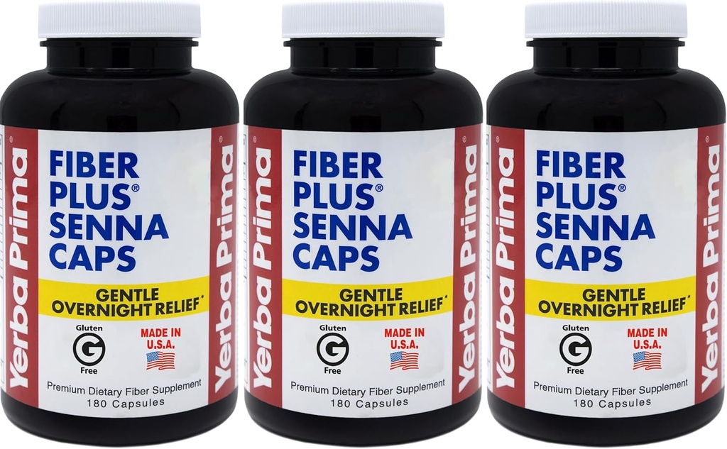 Yerba Prima Fiber Plus Senna Kapsler, 180 Greve (pakke af 3) - 118 Serveringer af Gentle Overnight Relief, USA Made, Non- GMO, for Short- Term Brug til at gendanne regelmæssighed