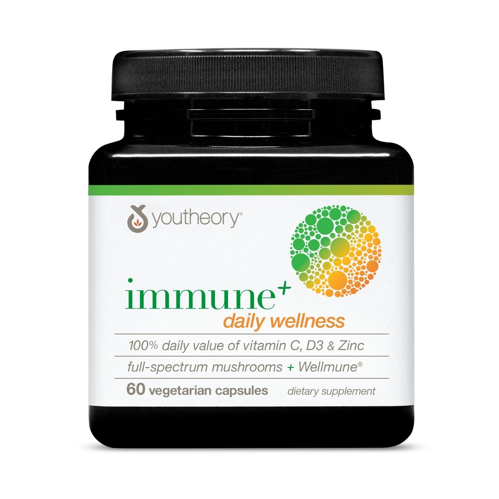 Youtheory Immune+ Daily Wellness - 60 Vegetarian Capsules (20 Day Supply) - Reishi, Turkey Tail, Cordyceps & Maitake Mushroom Supplement - Immune Support Supplement* with Vitamin C, Vitamin D3 & Zinc