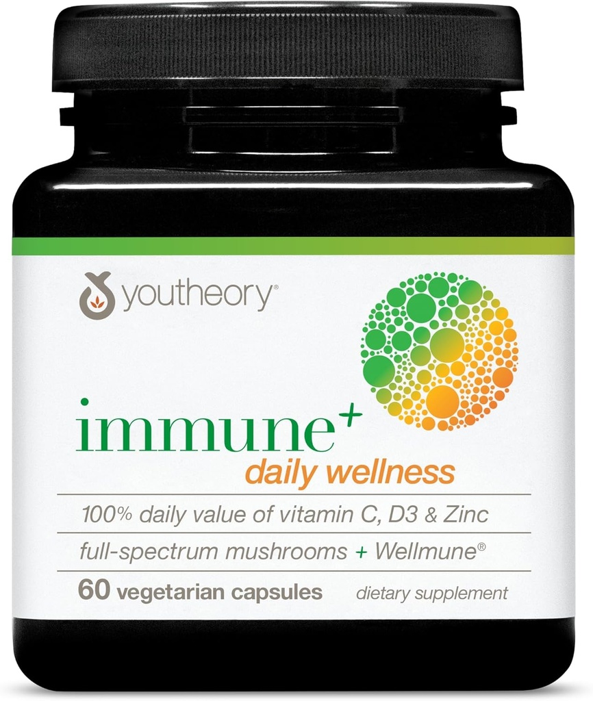 Youtory immun + Daily Wellness - Vegetarisk immunstøtte supplement med vitamin C, Vitamin D3 & Zink * - Mushroom supplement med Tyrkiet Tail, Cordyceps & Reishi - 60 Vegetarisk Caps
