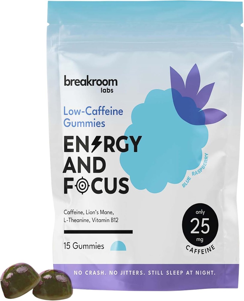 Breakroom Labs Energy and Focus Gummies - Lav Koffein 25mg w / L- Theanine, Lions Mane, Vitamin B12 - Nootrop Brain Supplement for voksne, Kids - Vegan, Lavsukker, Blå Raspberry Flavor, 15 Servere