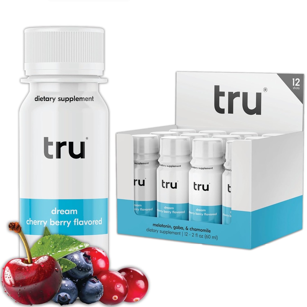 Tru Dream Shot, Extra Strength Sleep Supplement med Melatonin, GABA, Kamille & Magnesium, Cherry Berry Flavored Wellness Drink, Gluten Free, Vegan, Koffein & Sugar Free, 2 FL OZ flasker, 12 Pack